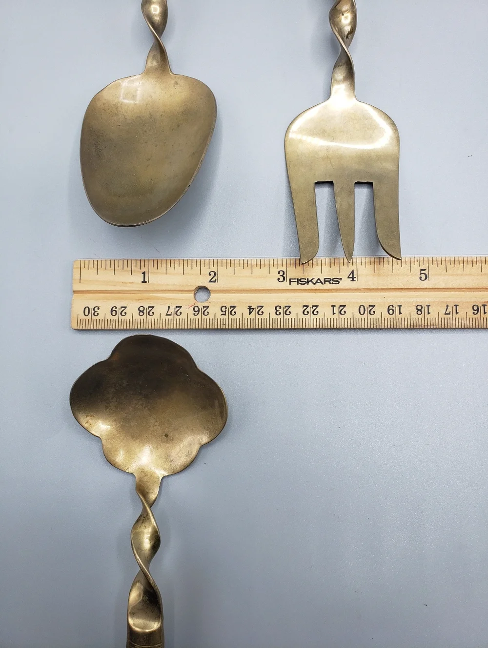 3p Brass Serving Set w/Twisted Details & Dark Wood Handles -Vintage Siam Buddha